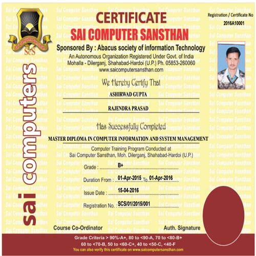 COMPUTER CERTIFICATE SAMPLE